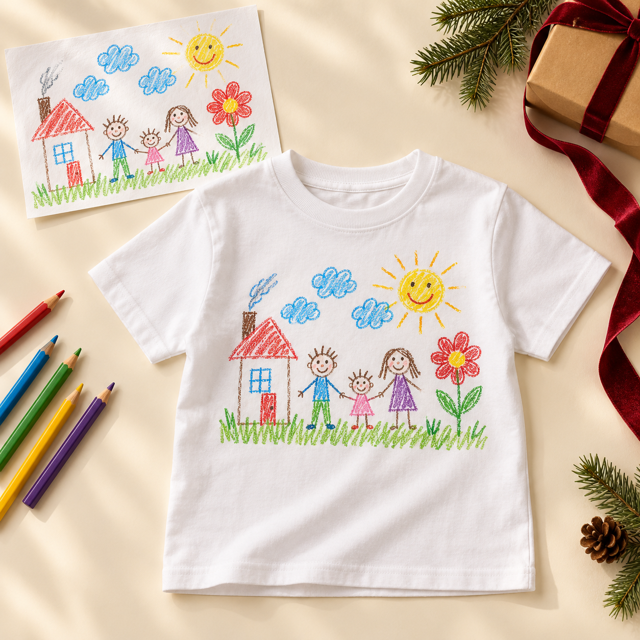 Visualisierung eines T-Shirts mit übertragener Kinderzeichnung